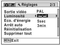 Réglages 2/3 Sortie vidéo PAL Luminosité Eco. d'énergie 5sec Arrêt auto 3min Réinitialisation Supprimer tout MENU Exit