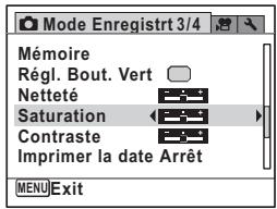Mode Enregistrt 3/4 Mémoire Régl. Bout. Vert Netteté Saturation Contraste Imprimer la date Arrêt MENU Exit