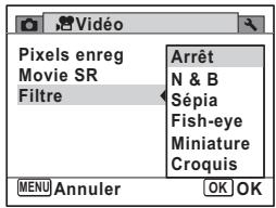 Video Pixels enreg Movie SR Filtre Arrêt N & B Sépia Fish-eye Miniature Croquis MENU Annuler OK OK