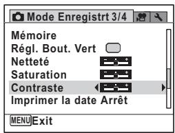Mode Enregistrt 3/4 Mémoire Régl. Bout. Vert Netteté Saturation Contraste Imprimer la date Arrêt MENU Exit