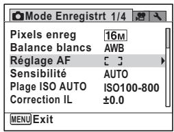 Mode Enregistre 1/4 Pixels enreg 16M Balance blancs AWB Réglage AF C J Sensibilité AUTO Plage ISO AUTO ISO100-800 Correction IL ±0.0 MENU Exit