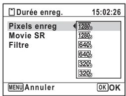 Durée enreg. 15:02:26 Pixels enreg 1280 Movie SR 1280 Filtre 640 640 320 320 MENU Annuler OK OK