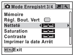 Mémoire Régl. Bout. Vert Netteté Saturation Contraste Imprimer la date Arrêt MENU Exit