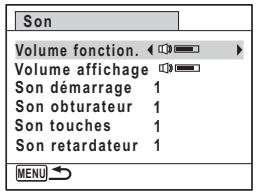 Son Volume fonction. Volume affichage Son démarrage 1 Son obturateur 1 Son touches 1 Son retardateur 1 MENU
