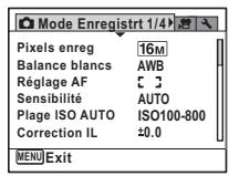 Mode Enregistrt 1/4 Pixels enreg 16M Balance blancs AWB Réglage AF Sensibilité AUTO Plage ISO AUTO ISO100-800 Correction IL ±0.0 MENU Exit
