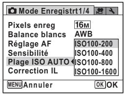 Mode Enregistrt1/4 Pixels enreg 16M Balance blancs AWB Réglage AF ISO100-200 Sensibilité ISO100-400 Plage ISO AUTO ISO100-800 Correction IL ISO100-1600 MENU Annuler OK OK