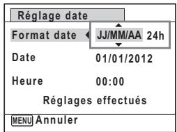 Réglage date Format date ← JJ/MM/AA 24h Date 01/01/2012 Heure 00:00 Réglages effectués MENU Annuler