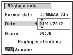 Réglage date Format date JJ/MM/AA 24h Date 01/01/2012 Heure 00:00 Réglages effectués MENU Annuler