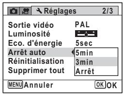Sortie vidéo PAL Luminosité Eco. d'énergie 5sec Arrêt auto 5min Réinitialisation 3min Supprimer tout Arrêt MENU Annuler OK OK