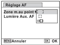 Réglage AF Zone m.au point Lumière Aux. AF Menu Annuler OK OK