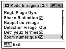 Mode Enregistrt 2/4 Régl. Plage Dyn. Shake Reduction ✓ Rappel du visage Détection visage Oui Dét° yeux fermés ✓ Zoom numérique ✓ MENU Exit