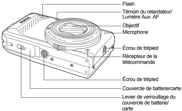 Flash Témoin du retardateur/ Lumière Aux. AF Objectif Microphone Écrou de trépied Récepteur de la télécommande Écrou de trépied Couvercle de batterie/carte Levier de verrouillage du couvercle de batterie/ carte