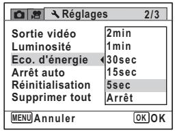 Sortie vidéo 2min Luminosité 1min Eco. d'énergie 30sec Arrêt auto 15sec Réinitialisation 5sec Supprimer tout Arrêt MENU Annuler OK OK