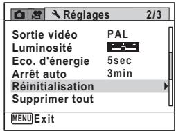 Réglages 2/3 Sortie vidéo PAL Luminosité Eco. d'énergie 5sec Arrêt auto 3min Réinitialisation Supprimer tout MENU Exit