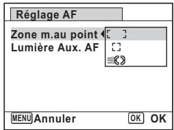Réglage AF Zone m.au point Lumière Aux. AF MENU Annuler OK OK