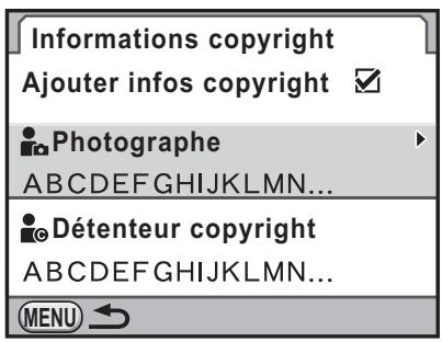 Informations copyright Ajouter infos copyright ✓ Photographe ABCDEFGHIJKLMN... Détenteur copyright ABCDEFGHIJKLMN... MENU ↕