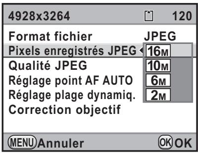 4928x3264 120 Format fichier JPEG Pixels enregistrés JPEG 16M Qualité JPEG 10M Réglage point AF AUTO 6M Réglage plage dynamiq. 2M Correction objectif MENU Annuler OK OK