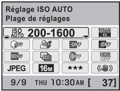 Réglage ISO AUTO Plage de réglages ISO AUTO 200-1600 OFF OFF OFF OFF OFF OFF OFF JPEG 16M ★★★ 9/9 THU 10:30 AM [ 37]