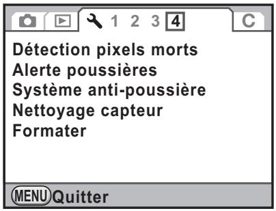 Détection pixels morts Alerte poussières Système anti-poussière Nettoyage capteur Formater MENU Quitter