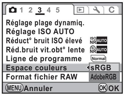 Réglage plage dynamiq. Réglage ISO AUTO Réduct° bruit ISO élevé Réd.bruit vit.obt° lente Ligne de programme Espace couleurs Format fichier RAW sRGB AdobeRGB MENU Annuler OK OK