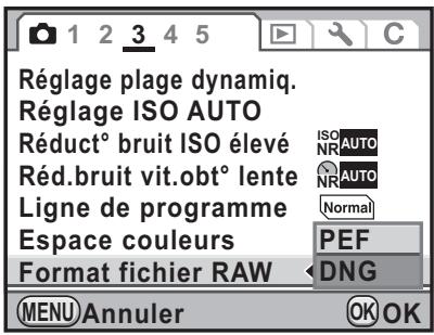 Réglage plage dynamiq. Réglage ISO AUTO Réduct° bruit ISO élevé Réd.bruit vit.obt° lente Ligne de programme Espace couleurs Format fichier RAW ISO AUTO NR AUTO Normal PEF DNG MENU Annuler OK OK