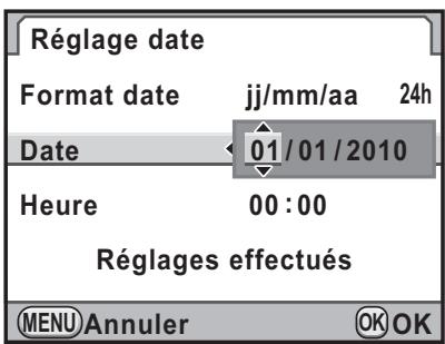 Réglage date Format date jj/mm/aa 24h Date 01/01/2010 Heure 00:00 Réglages effectués MENU Annuler OK OK