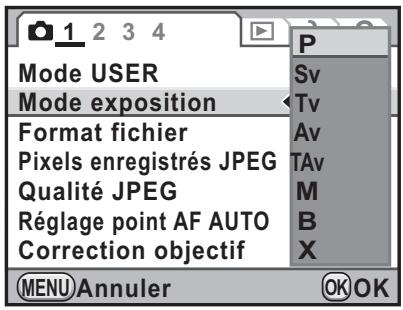 1 2 3 4 Mode USER Mode exposition Format fichier Pixels enregistrés JPEG Qualité JPEG Réglage point AF AUTO Correction objectif P Sv Tv Av TAv M B X MENU Annuler OK OK