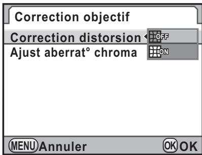 Correction objectif Correction distorsion Ajust aberrat° chroma MENU Annuler OK OK