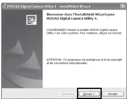 PENTAX Digital Camera Utility 4 - InstallShield Wizard Bienvenue dans l'InstallShield Wizard pour PENTAX Digital Camera Utility 4. L'InstallShield(R) Wizard va installer PENTAX Digital Camera Utility 4 sur votre système. Pour continuer, cluyez sur Suivant. ATTENTION : Ce programme est probligé par la loi du copyright et les conventions internationales. < Précident > Suivant > Annuler