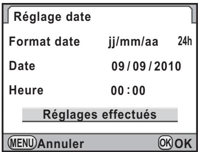 Réglage date Format date jj/mm/aa 24h Date 09/09/2010 Heure 00:00 Réglages effectués MENU Annuler OK OK