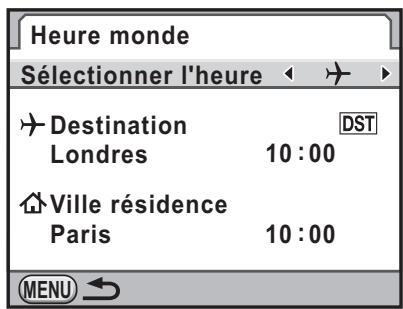 Heure monde Sélectionner l'heure ← → Destination Londres 10 : 00 Ville résidence Paris 10 : 00 MENU