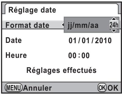 Réglage date Format date jj/mm/aa 24h Date 01/01/2010 Heure 00:00 Réglages effectués MENU Annuler OK OK
