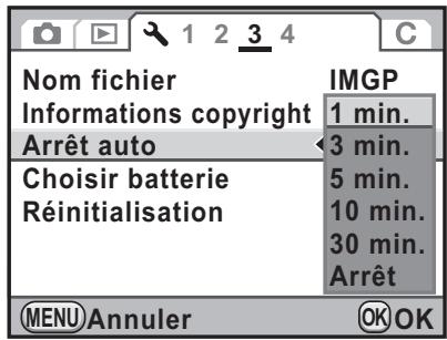 Nom fichier Informations copyright Arrêt auto Choisir batterie Réinitialisation IMGP 1 min. 3 min. 5 min. 10 min. 30 min. Arrêt MENU Annuler OK OK