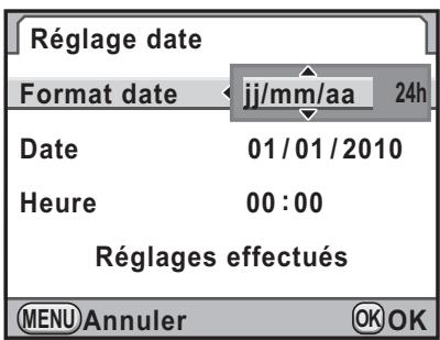 Réglage date Format date jj/mm/aa 24h Date 01/01/2010 Heure 00:00 Réglages effectués MENU Annuler OK OK