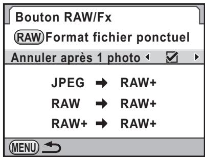 Bouton RAW/Fx RAW Format fichier ponctuel Annuler après 1 photo JPEG → RAW+ RAW → RAW+ RAW+ → RAW+ MENU