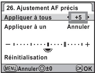 26. Ajustement AF précis Appliquer à tous +5 Appliquer à un Annuler - 1....1....1....1+ Réinitialisation MENU Annuler ⊙ ±0 OK OK