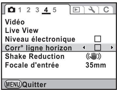1 2 3 4 5 Vidéo Live View Niveau électronique □ Corr° ligne horizon ◀ □ ► Shake Reduction (◀) Focale d'entrée 35mm MENU Quitter