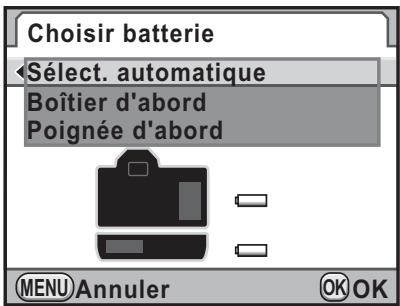 Choisir batterie Sélect. automatique Boîtier d'abord Poignée d'abord MENU Annuler OK OK