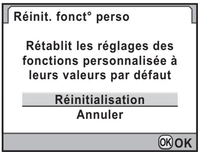 Réinit. fonct° perso Rétablit les réglages des fonctions personnalisée à leurs valeurs par défaut Réinitialisation Annuler