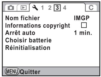 Nom fichier Informations copyright Arrêt auto Choisir batterie Réinitialisation IMGP 1 min. MENU Quitter
