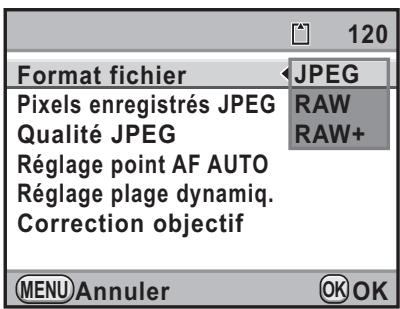 Format fichier JPEG Pixels enregistrés JPEG Qualité JPEG Réglage point AF AUTO Réglage plage dynamiq. Correction objectif RAW RAW+