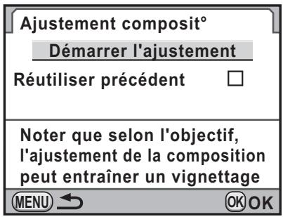 Ajustement composite Démarrer l'ajustement Réutiliser précédent Noter que selon l'objectif, l'ajustement de la composition peut entraîner un vignettage MENU ← OK OK