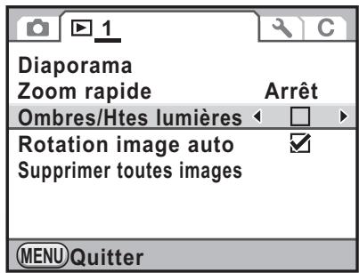 Diaporama Zoom rapide Arrêt Ombres/Htes lumières Rotation image auto Supprimer toutes images MENU Quitter