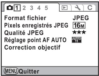 Format fichier JPEG Pixels enregistrés JPEG 16M Qualité JPEG ★★★ Réglage point AF AUTO AUTO Correction objectif MENU Quitter