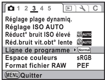 Réglage plage dynamiq. Réglage ISO AUTO Réduct° bruit ISO élevé Réd.bruit vit.obt° lente Ligne de programme ▶ Normal Espace couleurs sRGB Format fichier RAW PEF MENU Quitter