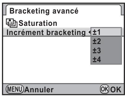 Bracketing avancé Saturation Incrément bracketing ← ±1 ±2 ±3 ±4 MENU Annuler OK OK