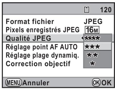 Format fichier JPEG Pixels enregistrés JPEG 16M Qualité JPEG ★★★★ Réglage point AF AUTO ★★★ Réglage plage dynamiq. Correction objectif ★ MENU Annuler OK OK