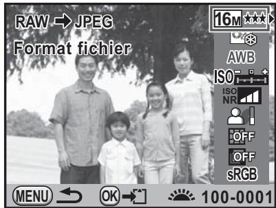 RAW → JPEG Format fichier 16M ★★★★ AWB ISO ISO NR OFF sRGB MENU OK 100-0001