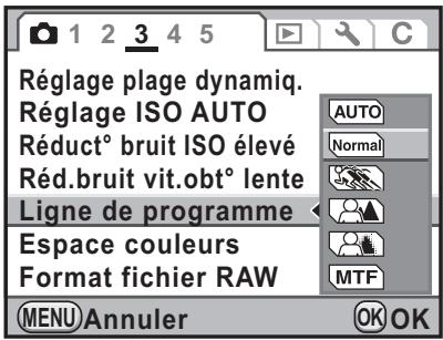 Réglage plage dynamiq. Réglage ISO AUTO Réduct° bruit ISO élevé Réd.bruit vit.obt° lente Ligne de programme Espace couleurs Format fichier RAW AUTO Normal MTF MENU Annuler OK OK