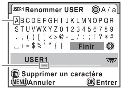 USER1 Renommer USER A / a A B C D E F G H I J K L M N O P Q R S T U V W X Y Z 0 1 2 3 4 5 6 7 8 9 . , ( ) [ ] < > @ - _ / : ; ! ? * # _ + = $ % ' " { } Finir USER1 Supprimer un caractère MENU Annuler OK Entrer